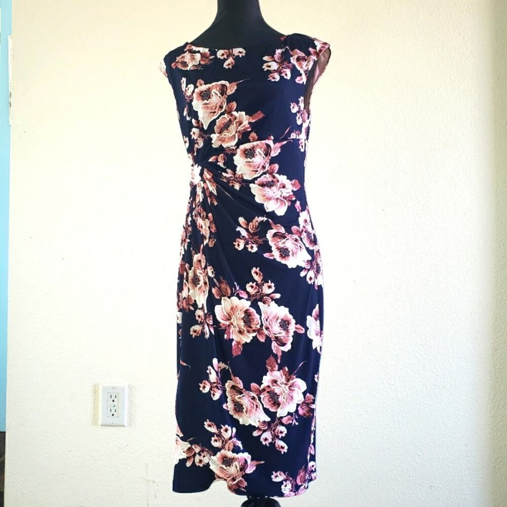 Pretty Spring Dress Black with Pink/Purple Floral Pattern Women's size 10